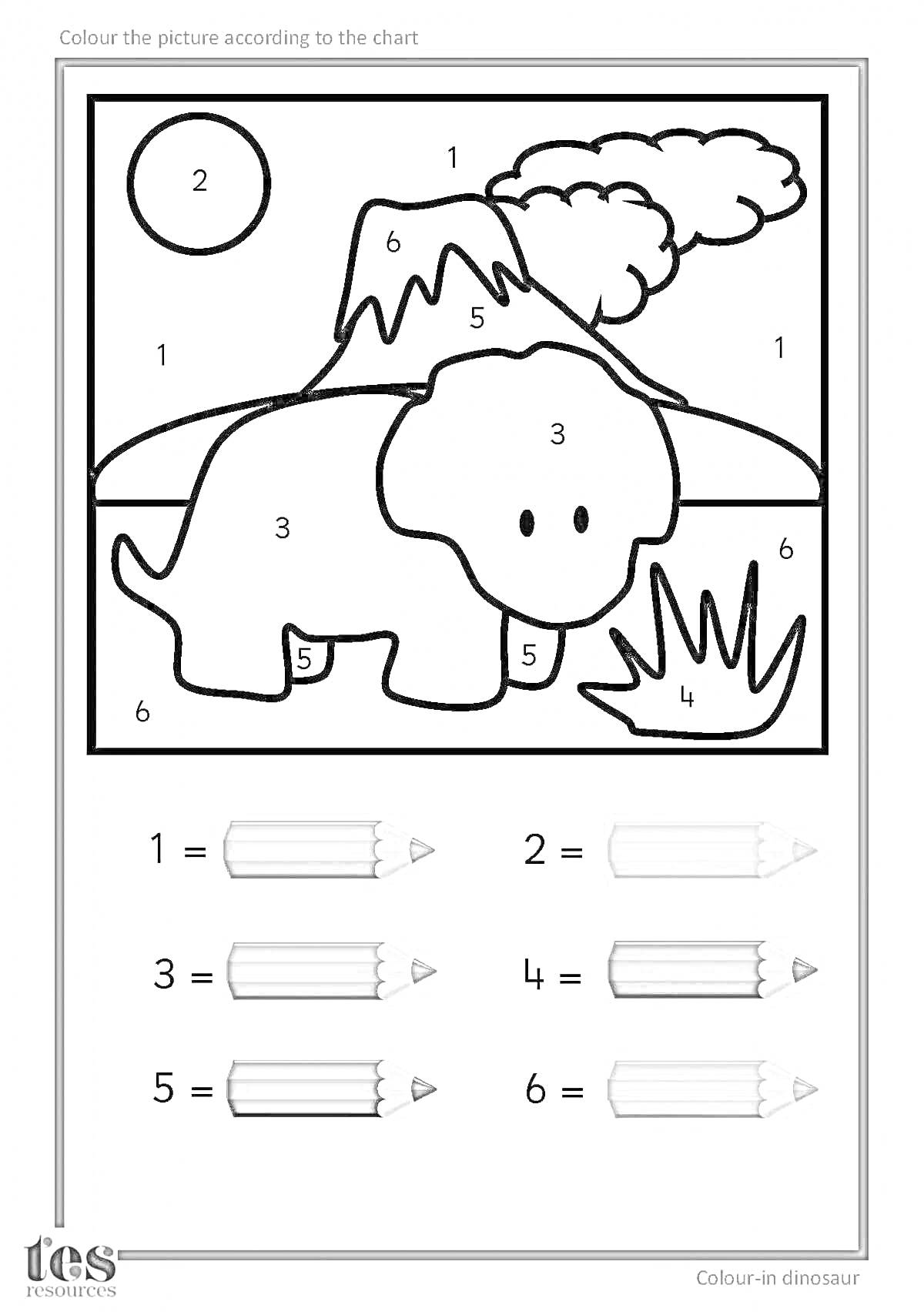 Раскраска Раскраска по цифрам с динозавром, вулканом, солнцем и травой