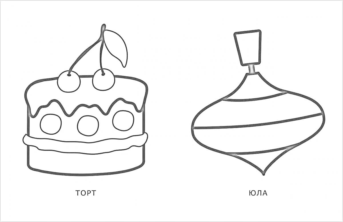На раскраске изображено: Торт, Вишенки, Юла