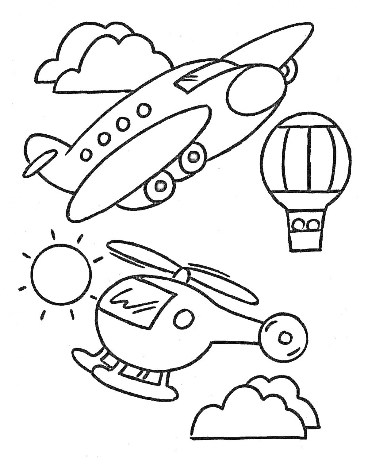 Раскраска Самолет, вертолет, воздушный шар, солнце, облака