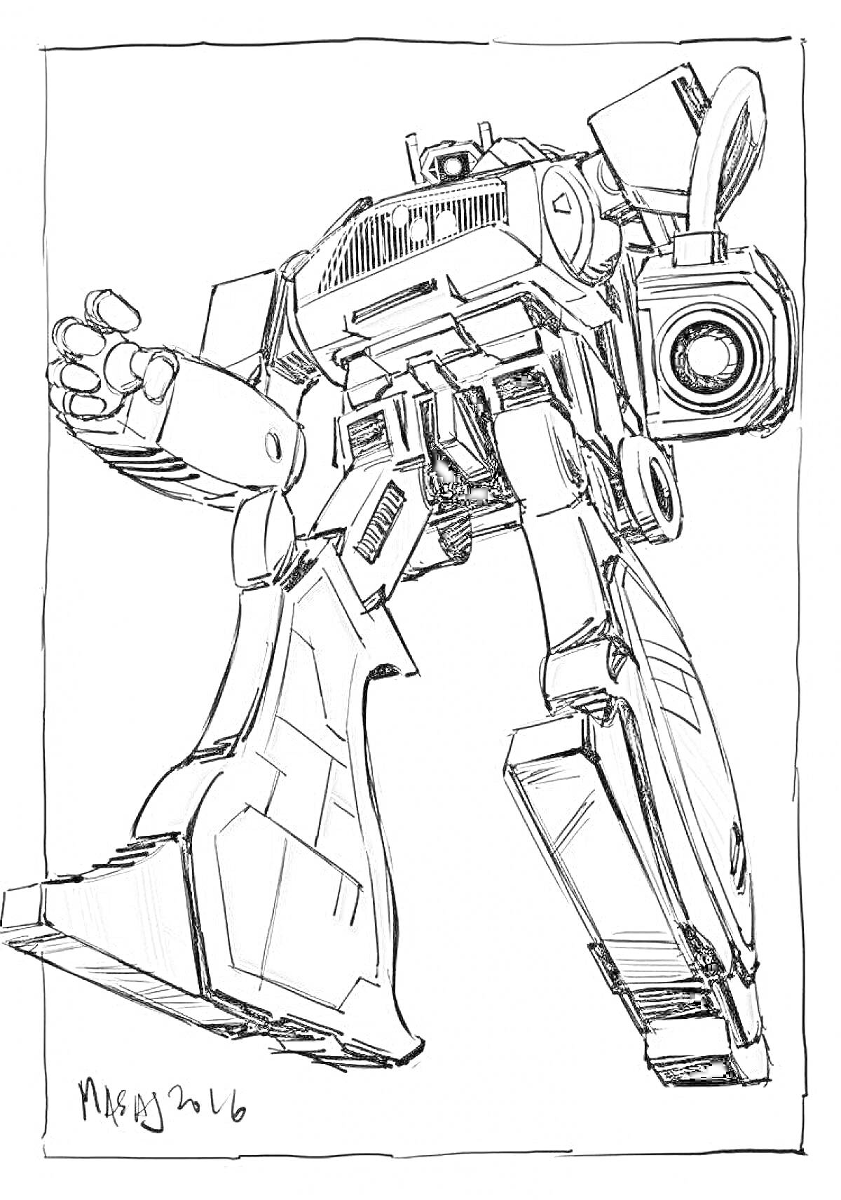На раскраске изображено: Трансформеры, Шоквейв, Робот, Боевой режим, Оружие, Мощные руки