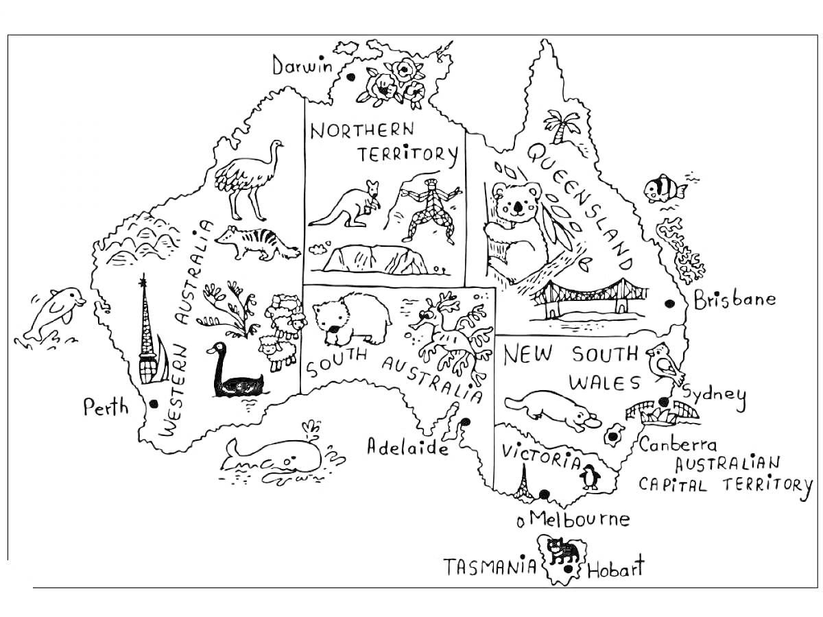 Раскраска Карта Австралии с изображениями животных, достопримечательностей и названиями городов