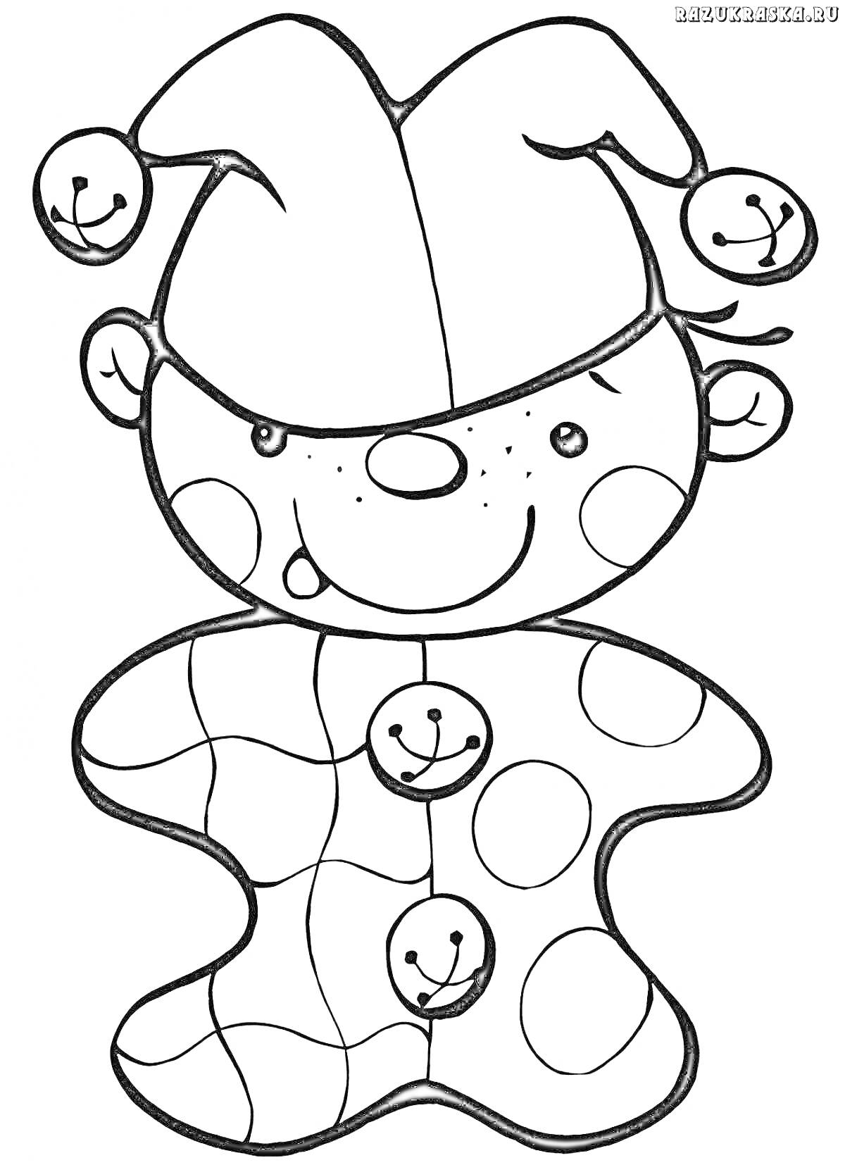 Раскраска Петрушка на картинке с колпаком и бубенцами, лицо с веснушками, одежда с узорами