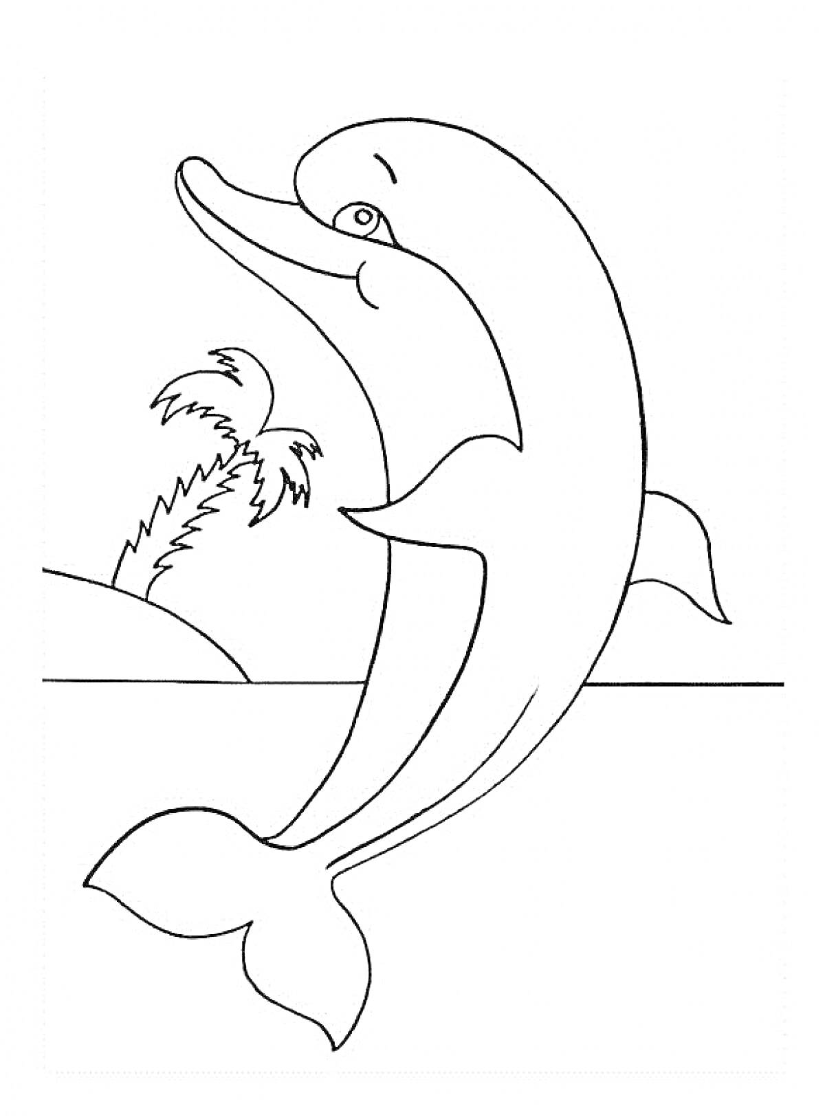 Раскраска Дельфин выпрыгивает из воды на фоне пальмы