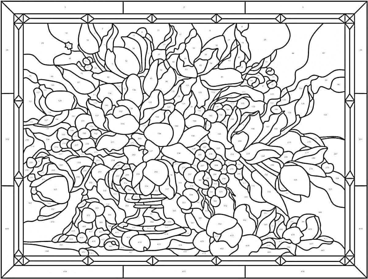 Раскраска натюрморт с фруктами и цветами в витражной рамке