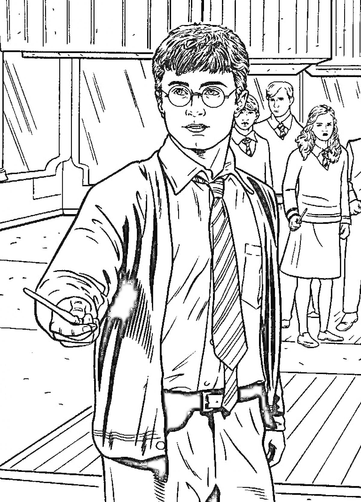 Раскраска Гарри Поттер с волшебной палочкой в руке на фоне других учеников, интерьер школы