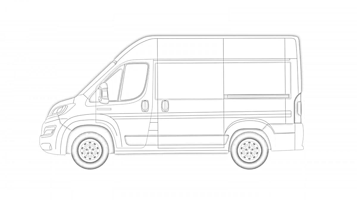 На раскраске изображено: Фургон, Транспорт, Колёса, Окна