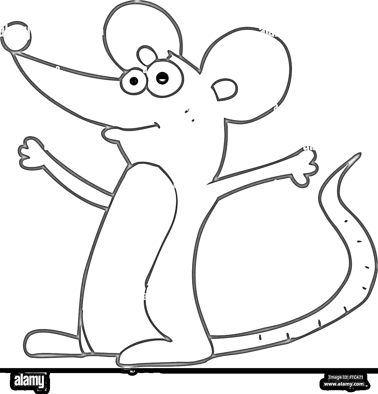 На раскраске изображено: Мышь, Вытянутые руки, Длинный хвост, Животные, Герои мультфильмов, Контурные рисунки