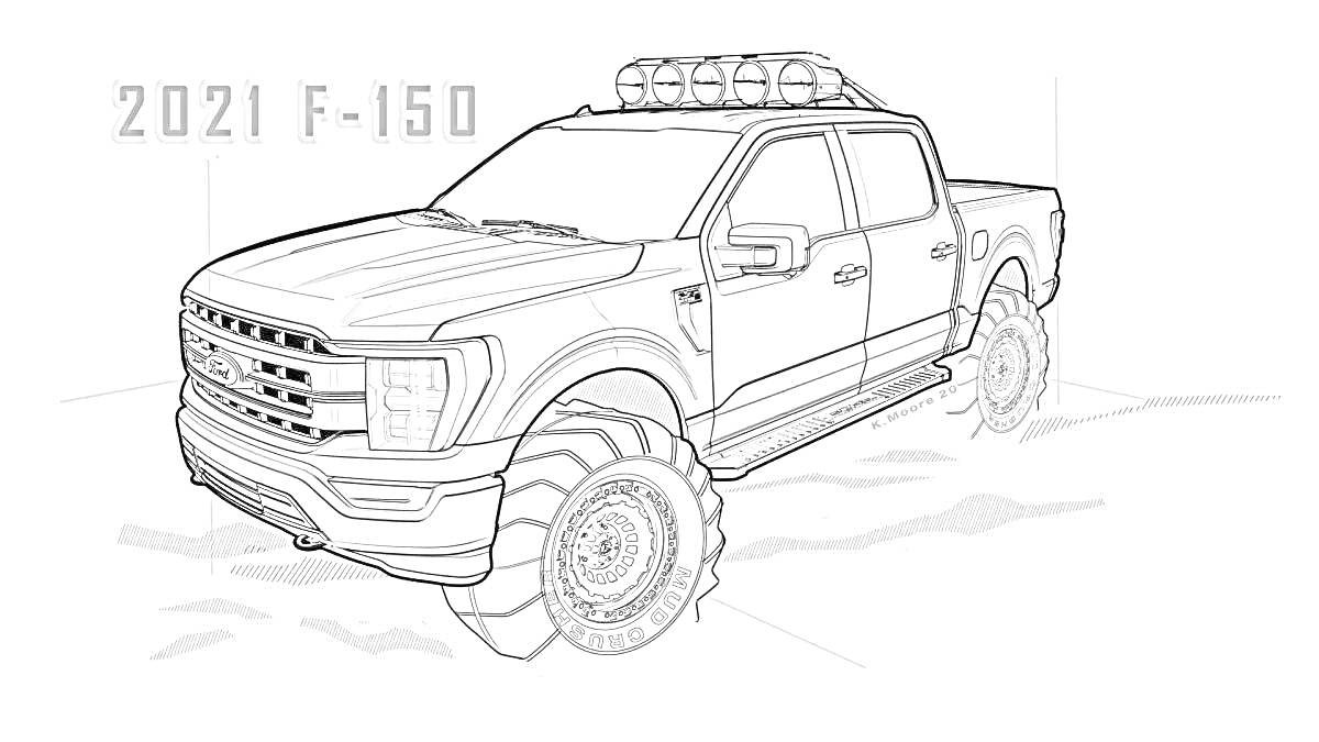 Раскраска Рисунок пикапа 2021 Ford F-150 с большими колесами и светом на крыше