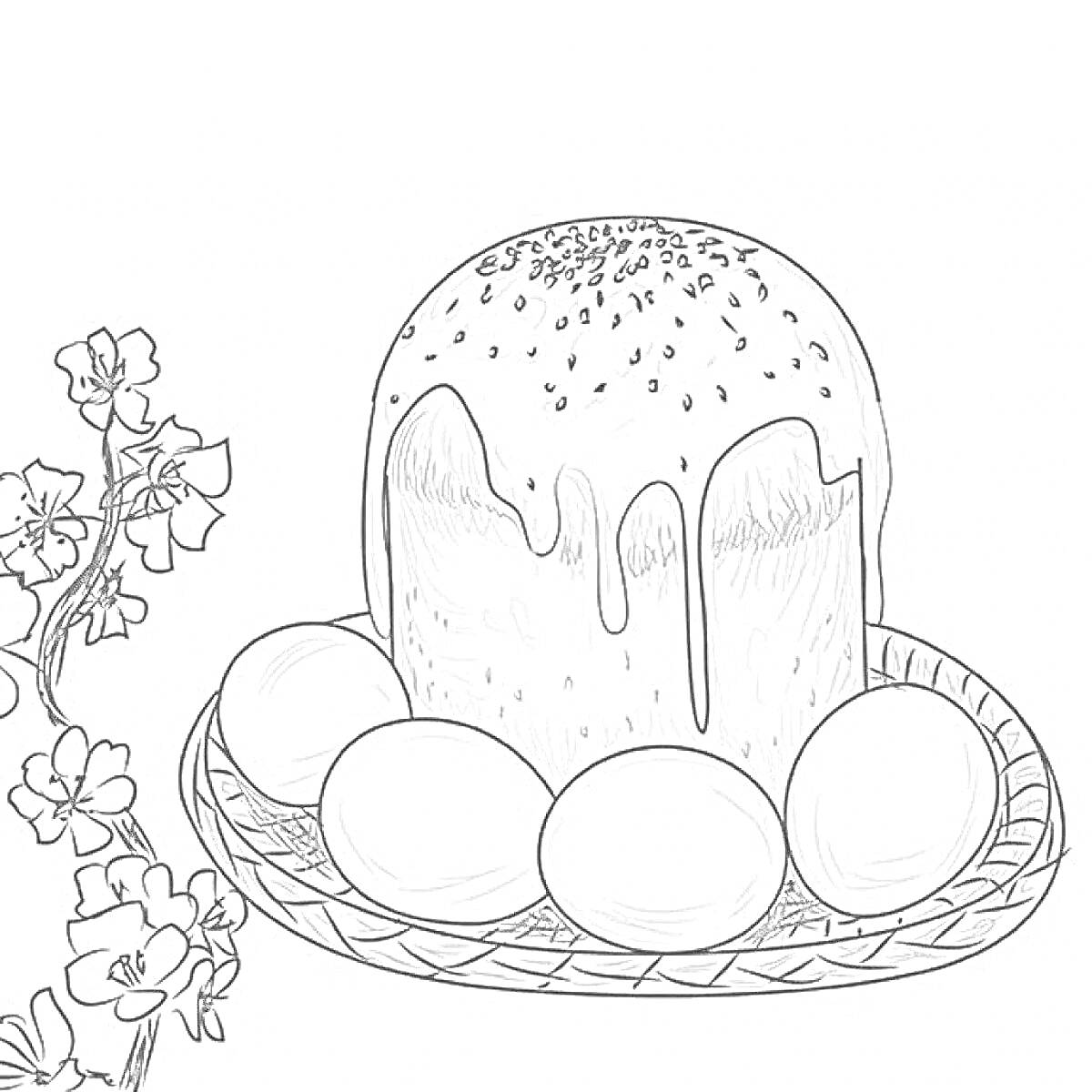 Пасхальный кулич с глазурью и посыпкой, на подносе с яйцами, рядом цветы