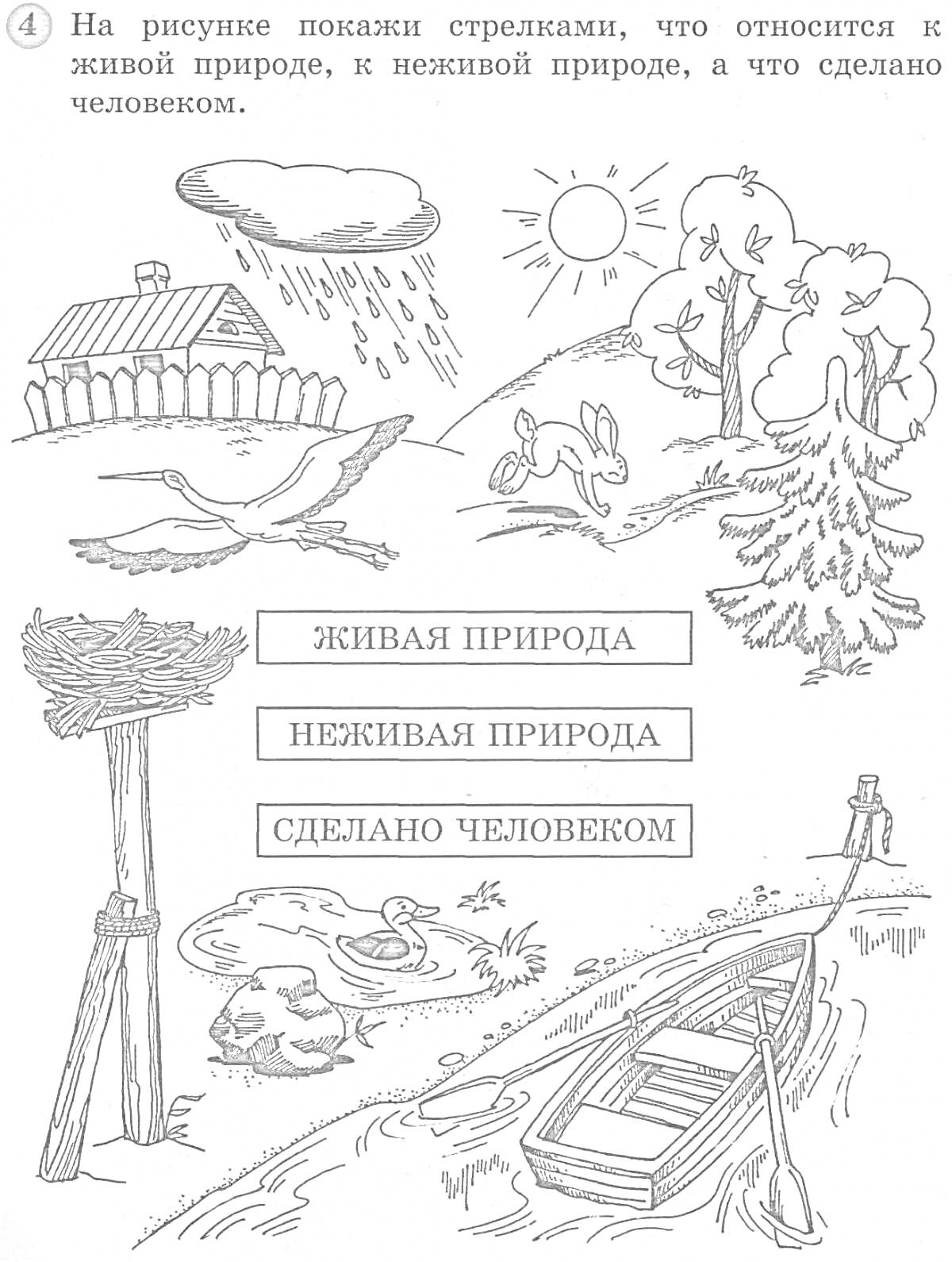 Раскраска Раскраска с элементами живой, неживой природы и предметами, сделанными человеком (дом, облако, солнце, дерево, заяц, змея, птицы, лодка, гнездо с птенцами)