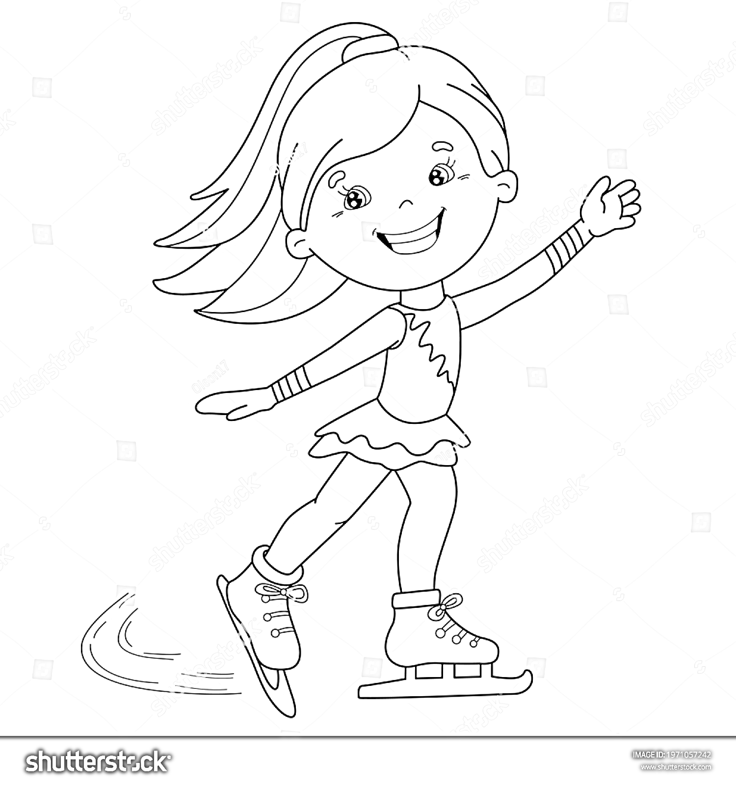 На раскраске изображено: Девочка, Коньки, Катание на коньках, Улыбка, Машет рукой, Платье, Длинные волосы, Хвост, Зимний спорт