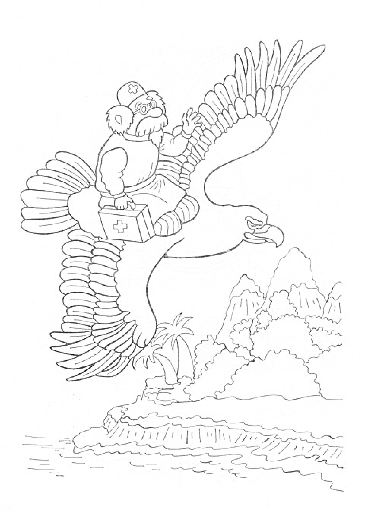 Раскраска Орел с медиком, держащим аптечку, летящий над островом с пальмой и горами