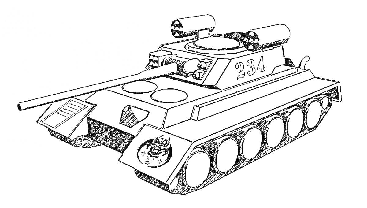 Раскраска Танчик с пушкой, шестью колесами, номером 234 и эмблемой