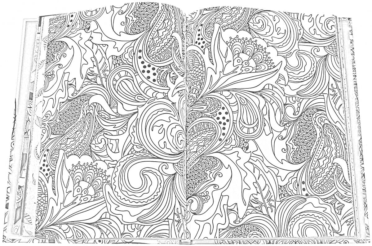 РаскраскаРаскраска с цветочными и лиственными узорами в открытой книге