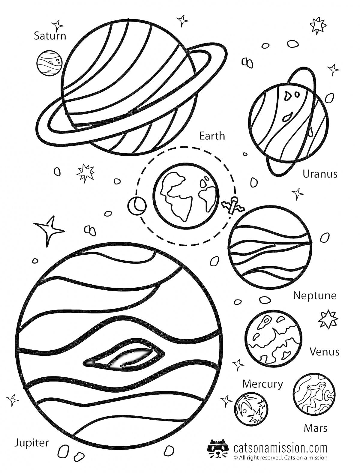 На раскраске изображено: Планеты, Космос, Земля, Юпитер, Сатурн, Уран, Нептун, Венера, Меркурий, Марс, Звезды, Астероиды, 6 лет, 7 лет