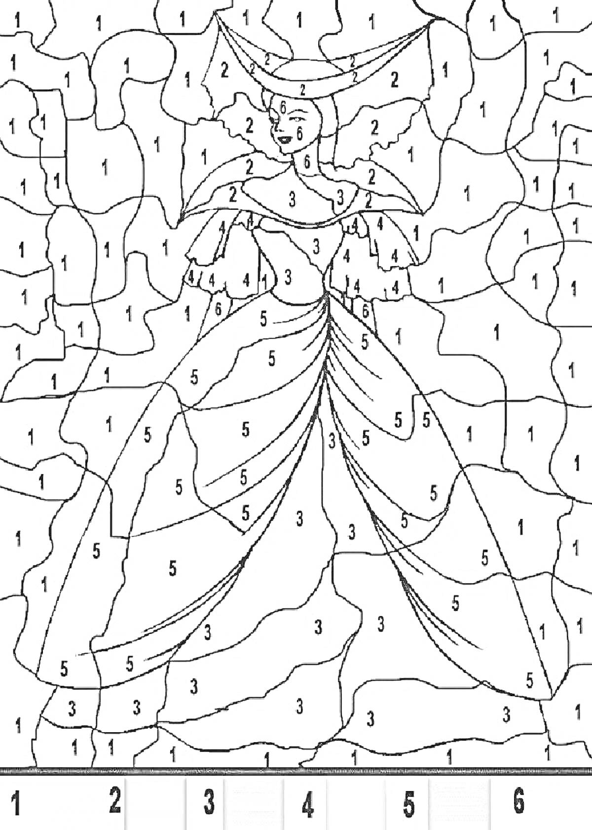 Раскраска Принцесса в шикарном платье с шляпой, раскраска по номерам