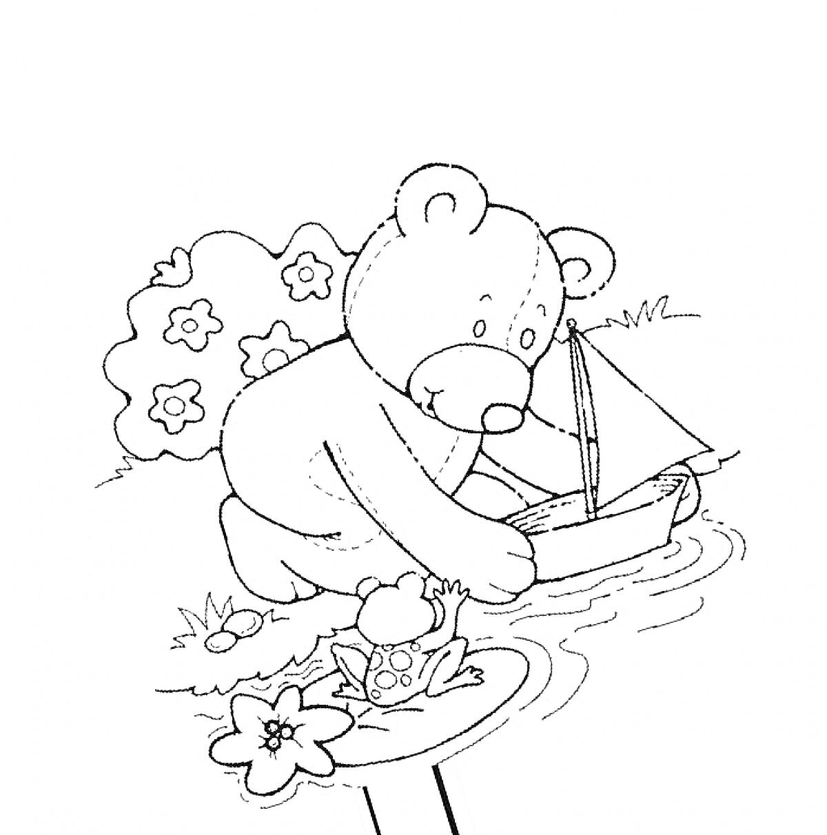 Раскраска Мишка Тедди играет с корабликом в пруду рядом с лягушкой и цветами