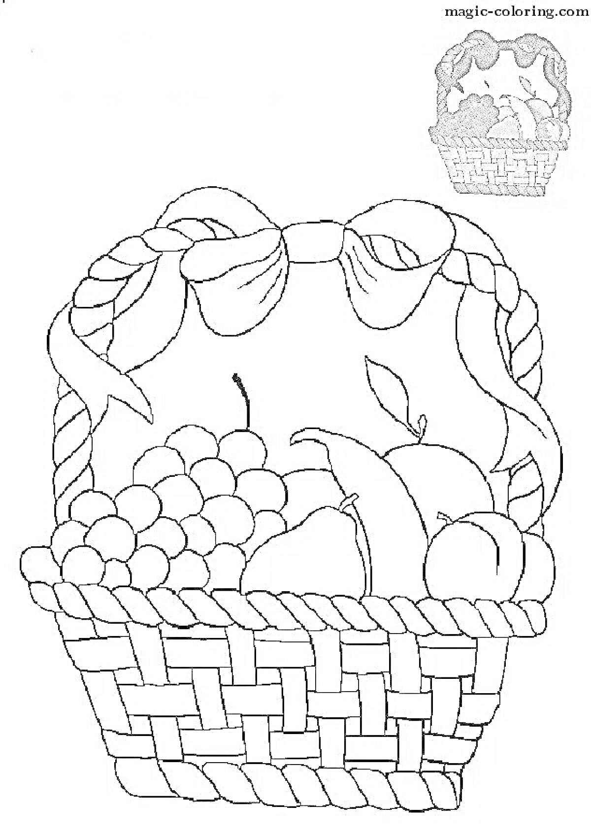 Раскраска Корзинка с фруктами. В корзинке находятся виноград, груши, яблоки. Корзинка украшена лентой.