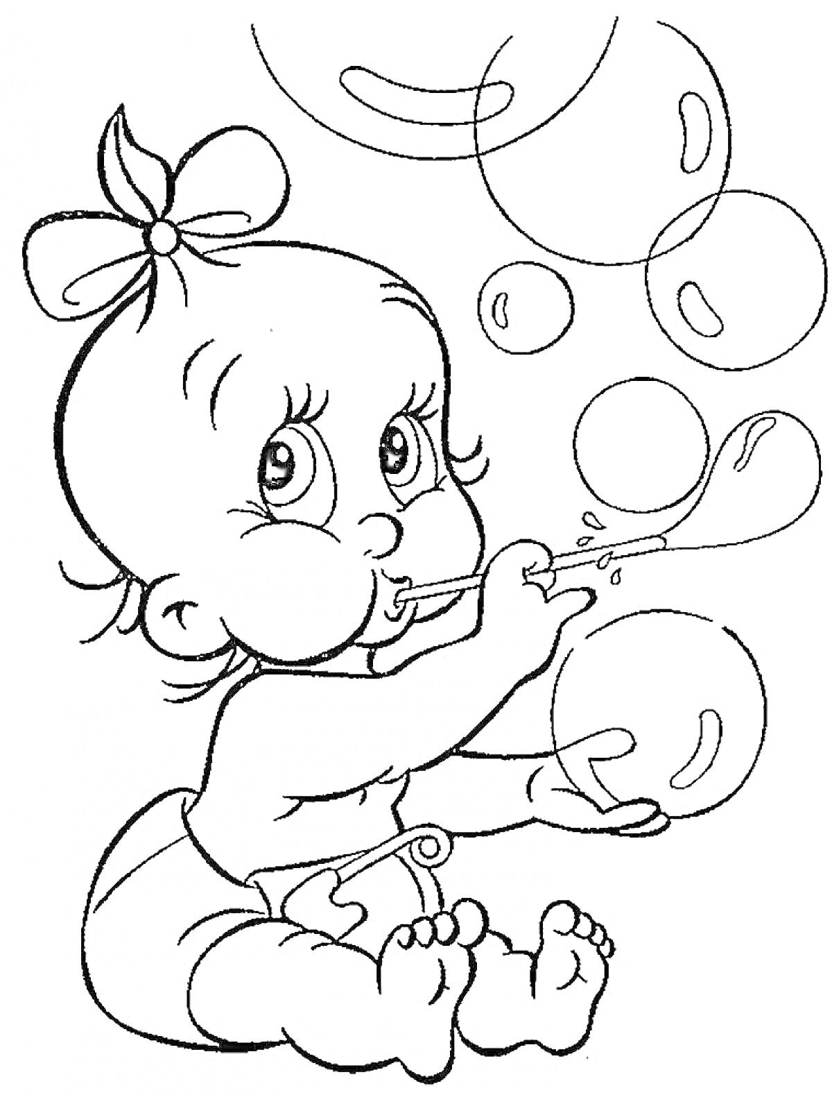 На раскраске изображено: Ребёнок, Мыльные пузыри, Сидеть, Младенец, Игра, Для детей, Бант