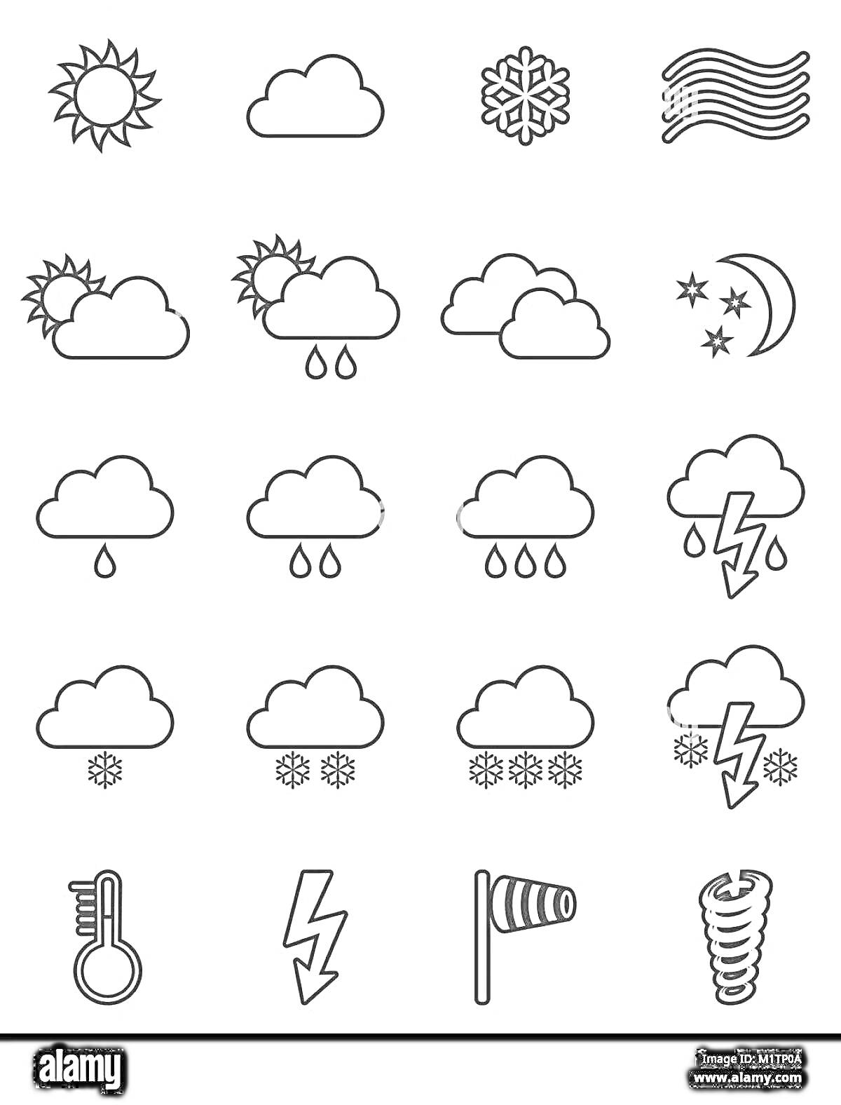 На раскраске изображено: Солнце, Ветер, Термометр, Молния, Торнадо, Капли