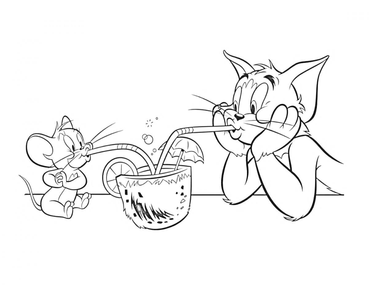 Раскраска Кот и мышь пьют через трубочки из стакана с лимоном