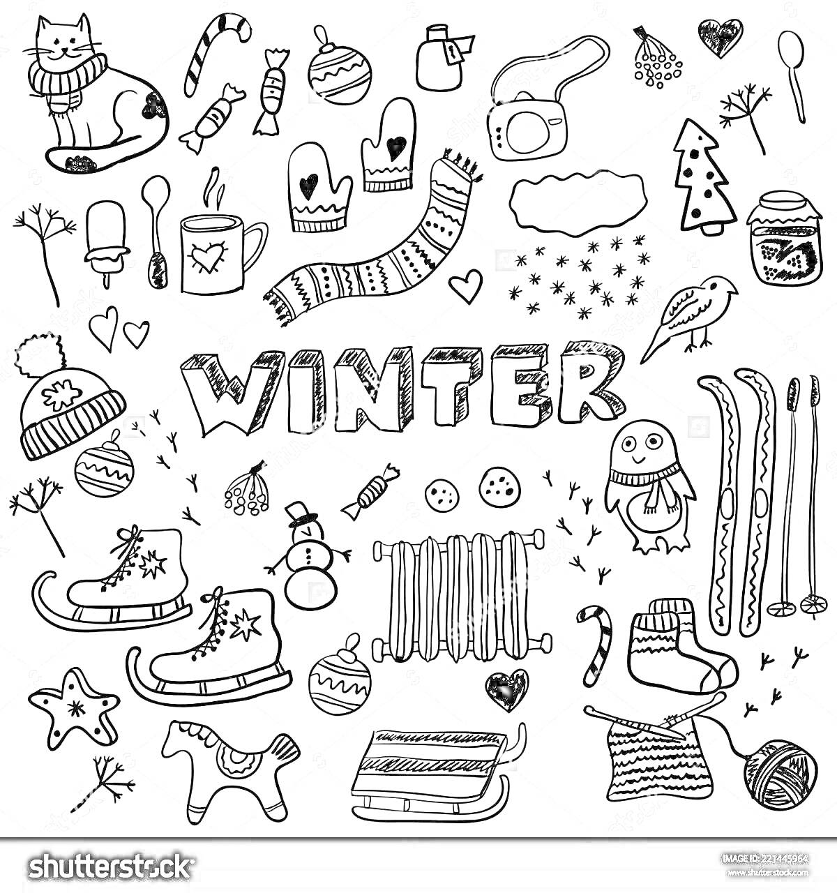 Раскраска Цветная раскраска наклеек для ежедневника с зимней тематикой. Элементы включают надпись 