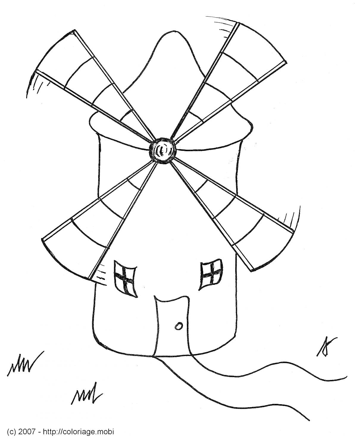 Раскраска Мельница с четырьмя лопастями, дверью, двумя окнами и дорожкой, растёт трава
