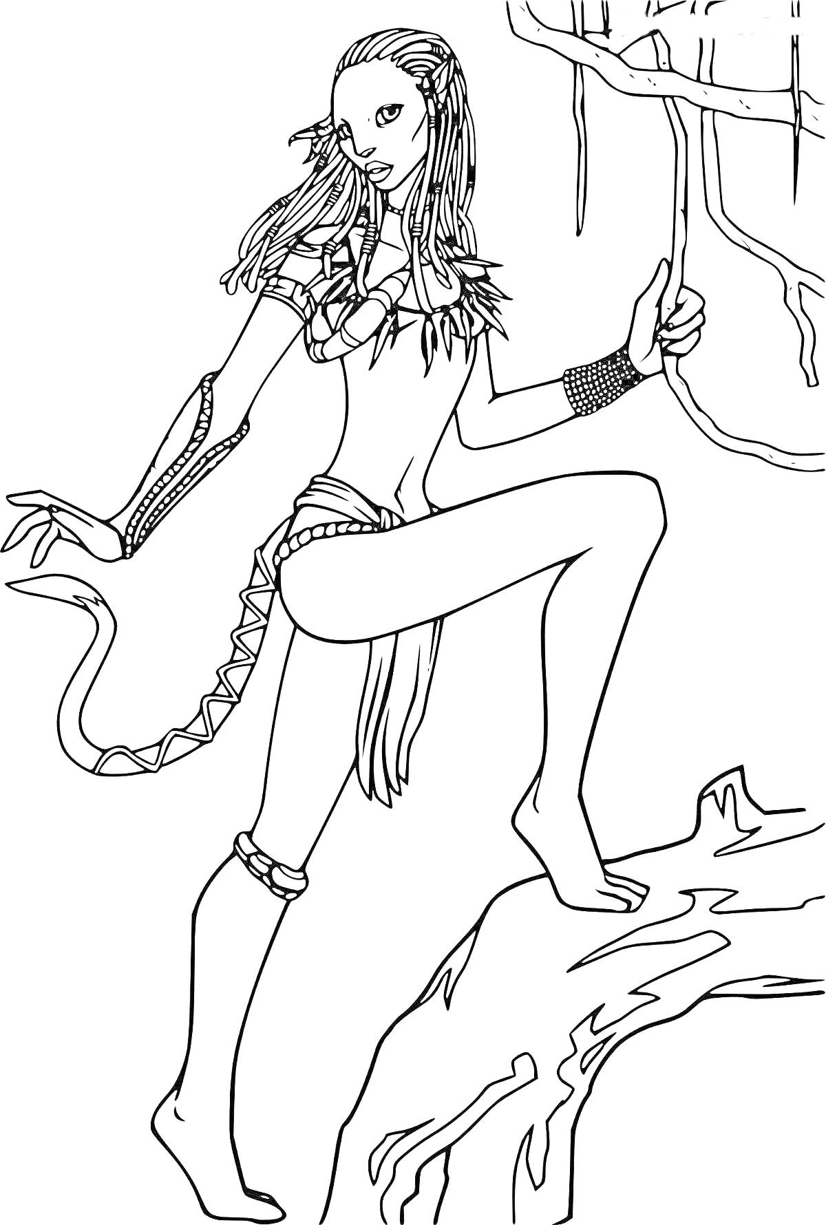 Раскраска Нави с длинными волосами, стоящая на скале и держащаяся за ветку дерева