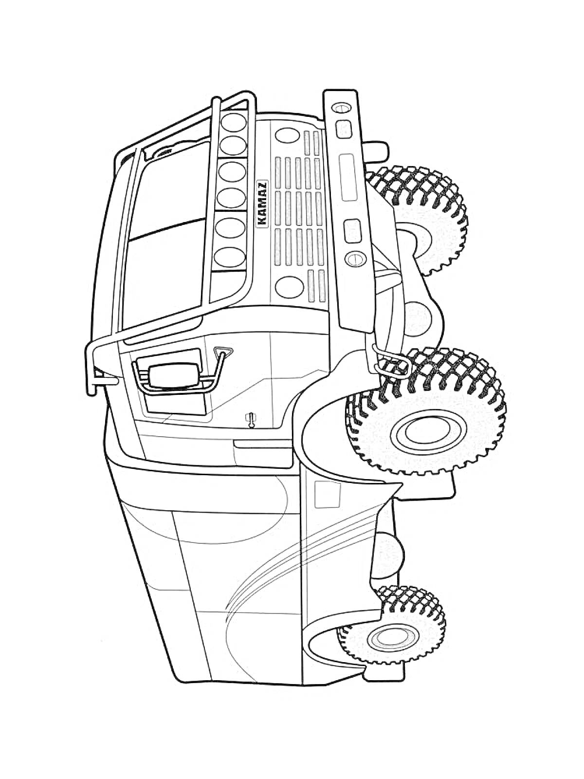 Раскраска Раскраска с изображением гоночного КамАЗ-мастер, вид сбоку, детали кабины, дверей, колес и шин.