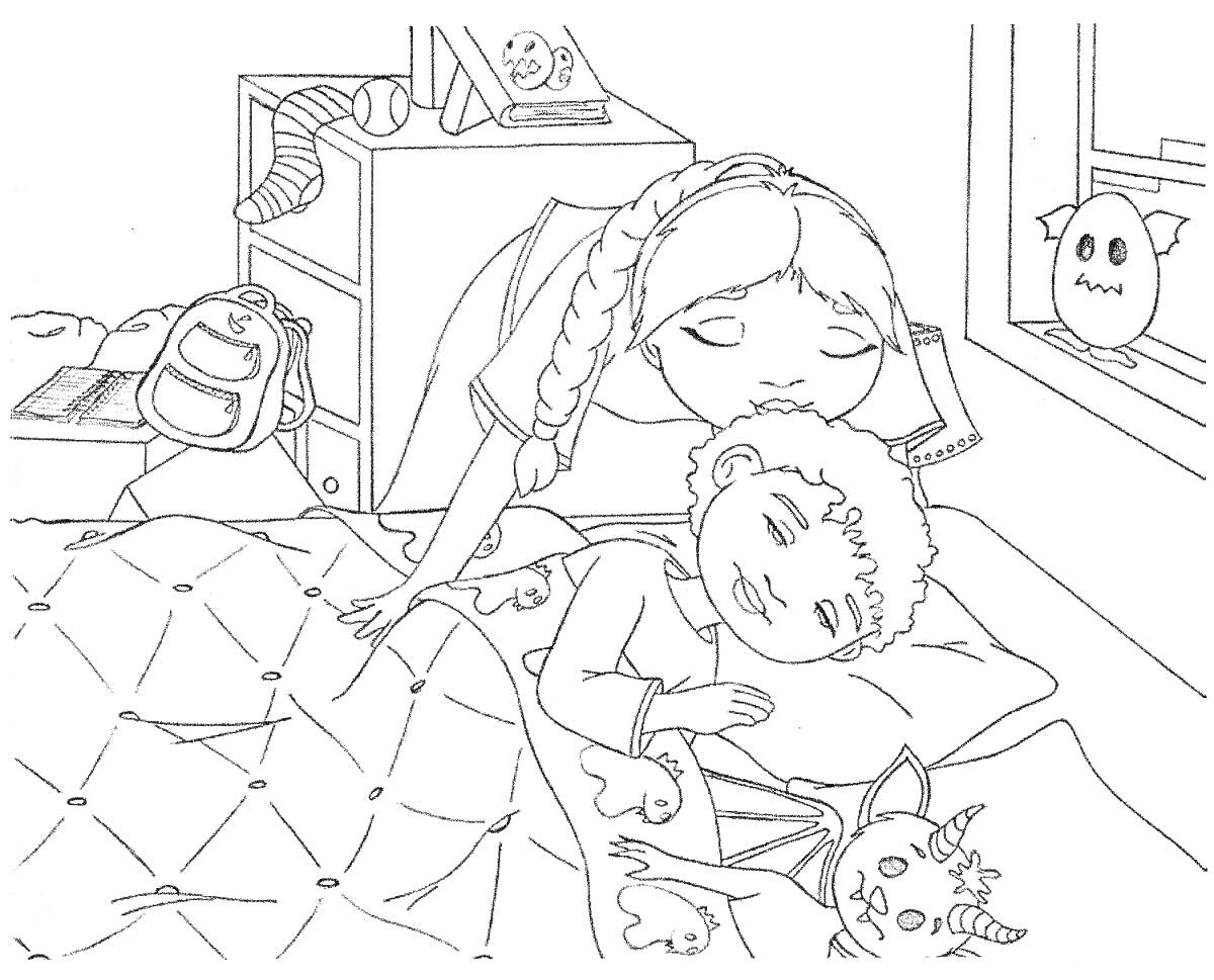 На раскраске изображено: Вечер, Ночь, Спальня, Девочка, Мальчик, Сон, Подушка, Игрушки, Рюкзак, Комод, Книга