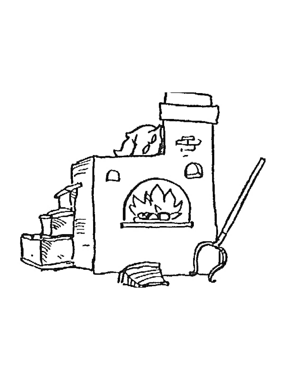 На раскраске изображено: Русская печь, Дрова, Кухня, Дом, Инструмент, Тарелка