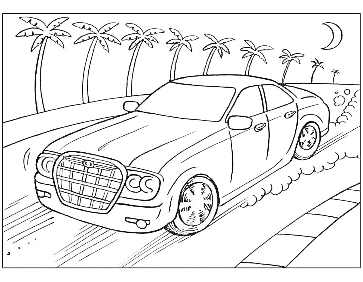 Раскраска Легковой автомобиль на дороге с пальмами и полумесяцем на небе