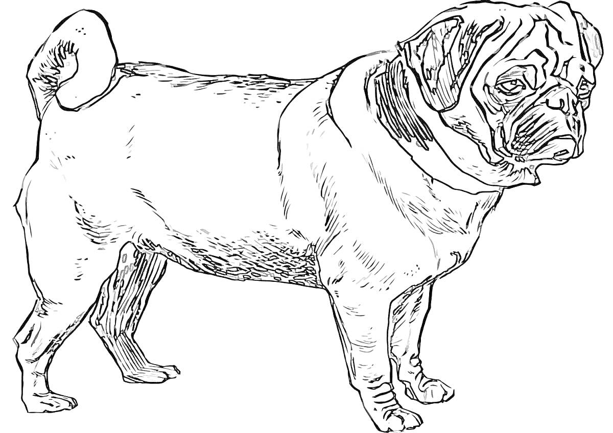 На раскраске изображено: Собака, Домашние животные, Контурные рисунки, Мопсы