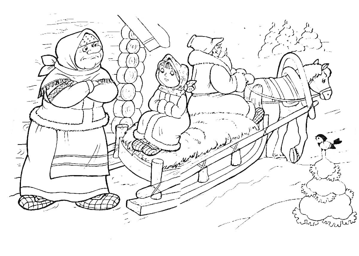 На раскраске изображено: Сани, Зима, Лес, Женщина, Конь, Изба, Снег