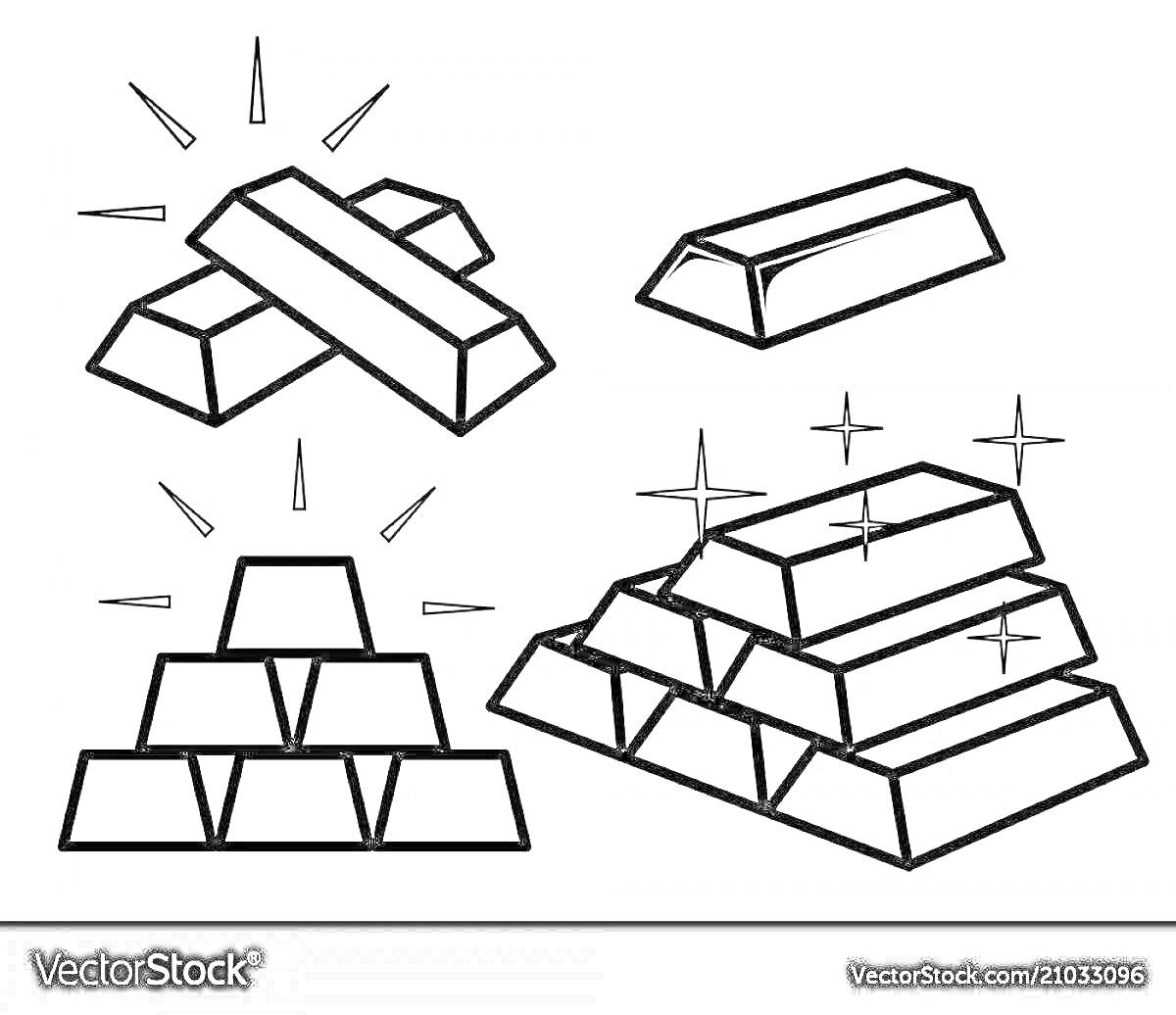 На раскраске изображено: Слитки, Золото, Стопка, Блеск, Звезды, Драгоценности
