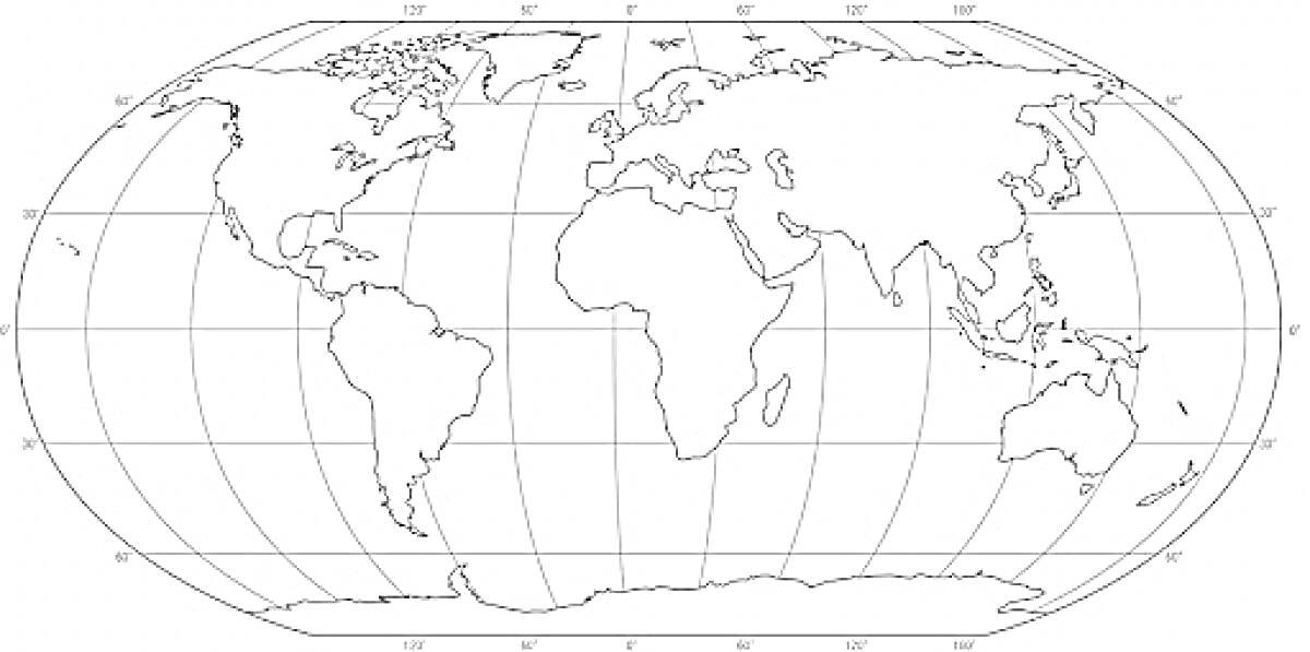 На раскраске изображено: Карта мира, Континенты, Океаны, География, Широта, Контурная карта