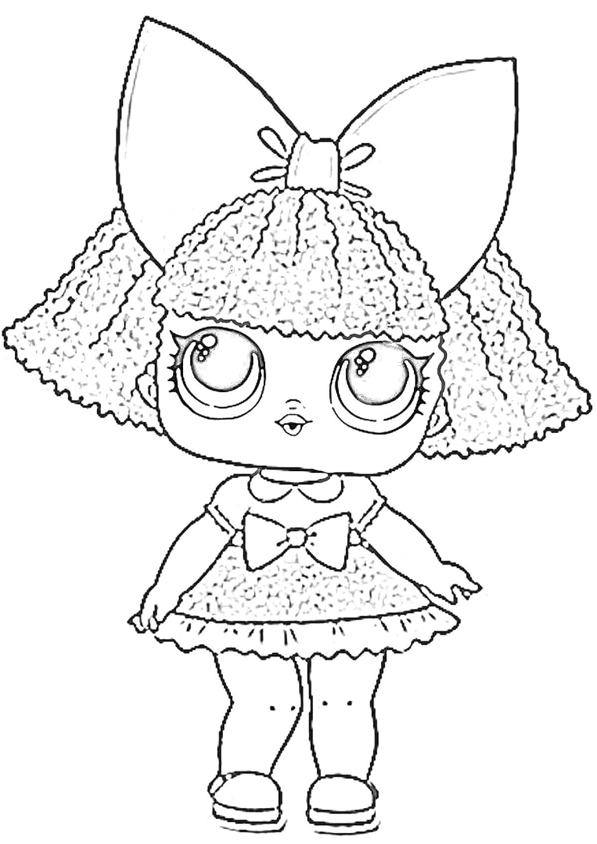Раскраска Кукла Лол с большим бантом на голове, кудрявыми волосами и платьем с бантом
