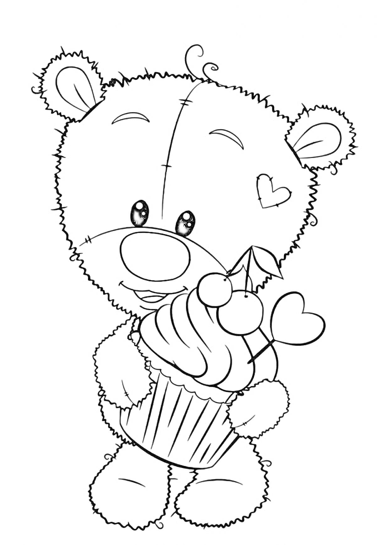 Раскраска Медвежонок с кексом и вишнями