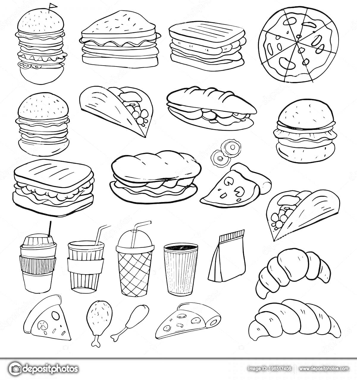 На раскраске изображено: Еда, Гамбургер, Сэндвич, Пицца, Тако, Хот-дог, Напиток, Куриная ножка