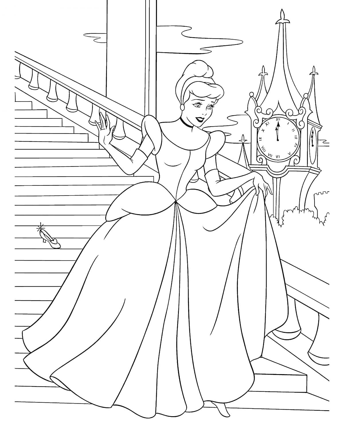 На раскраске изображено: Золушка, Лестница, Часы, Платье, Принцесса, Для детей