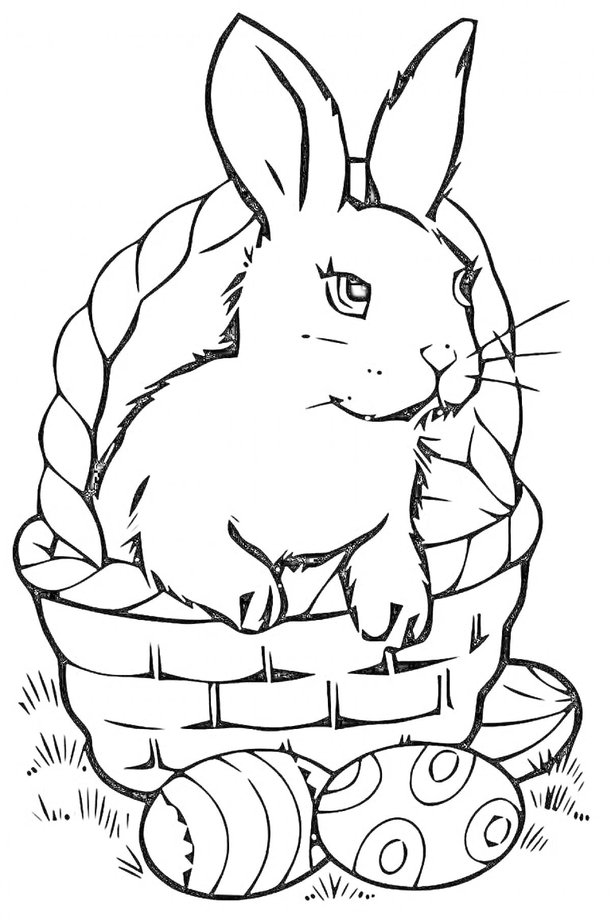 На раскраске изображено: Пасха, Кролик, Пасхальные яйца, Трава, Праздничное украшение