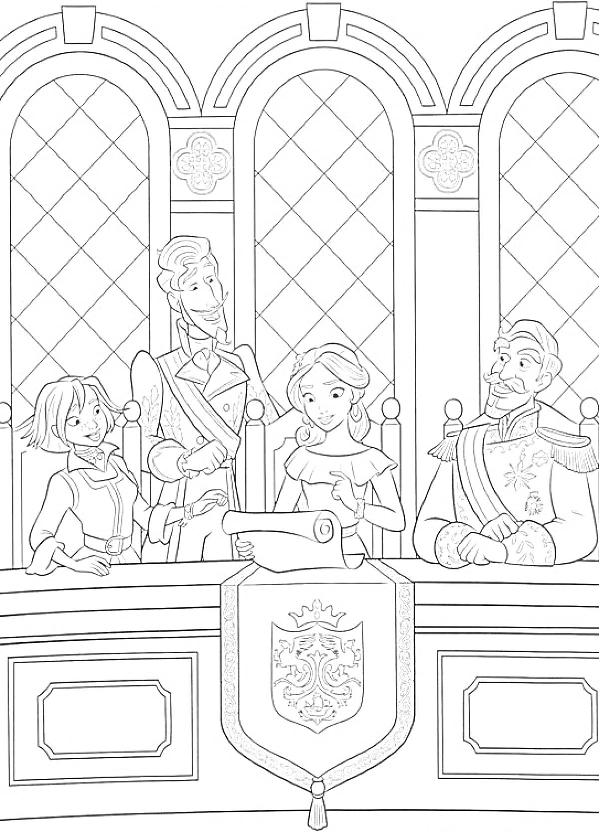 Раскраска Елена из Авалора за столом с картой, в окружении трех людей, в зале с арочными окнами и гербом