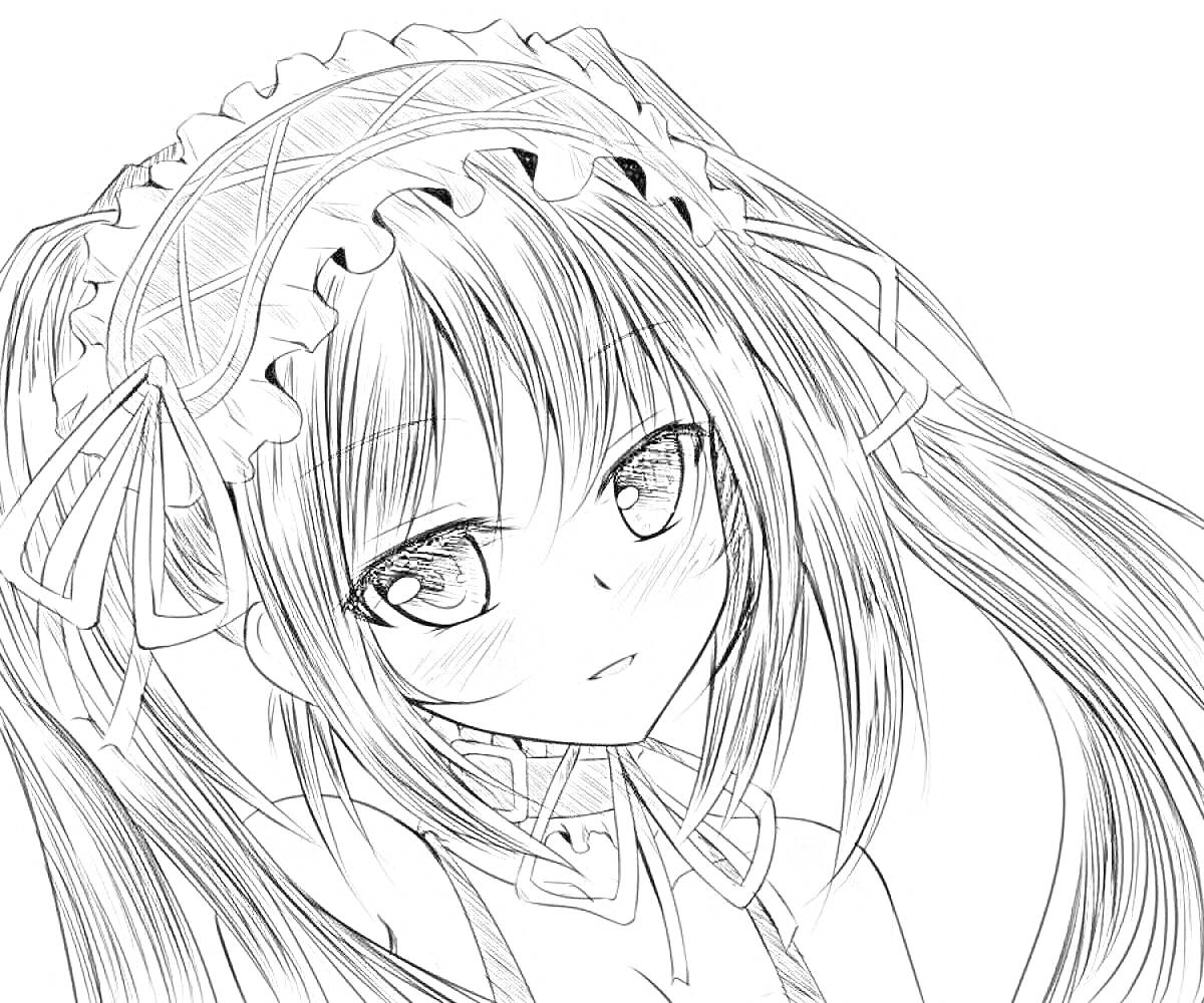 Раскраска Девушка в головном уборе с длинными волосами и большими глазами