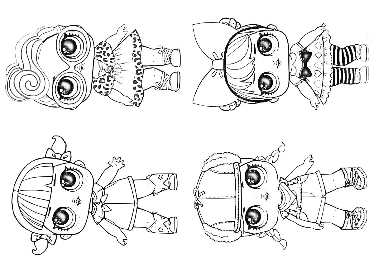 Раскраска Куклы ЛОЛ в разнообразной одежде: кукла с завитыми волосами и очками, кукла с большим бантом на голове, кукла с двумя хвостиками и кукла в шортах с поясом и трусиками