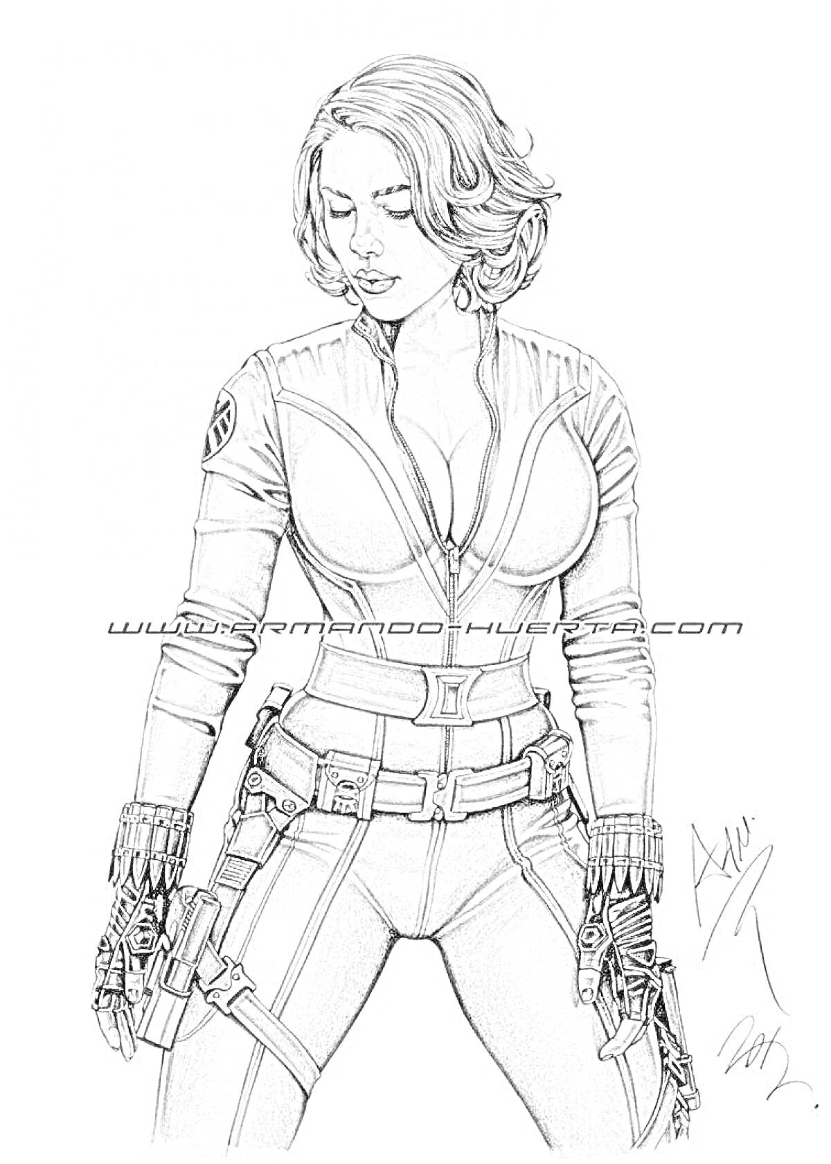 Раскраска Женщина в костюме с эмблемой, с короткими волосами