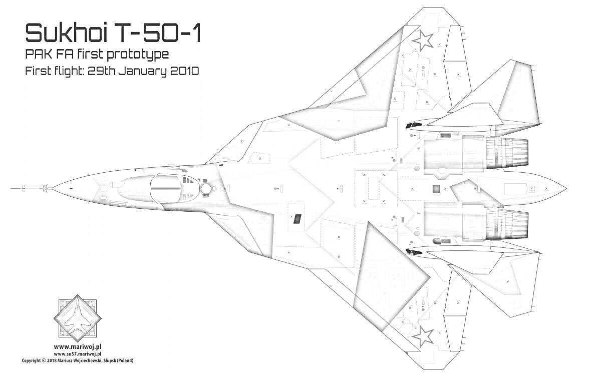 Летательный аппарат Sukhoi T-50-1 вид сверху с изображением деталей корпуса и двигателей.