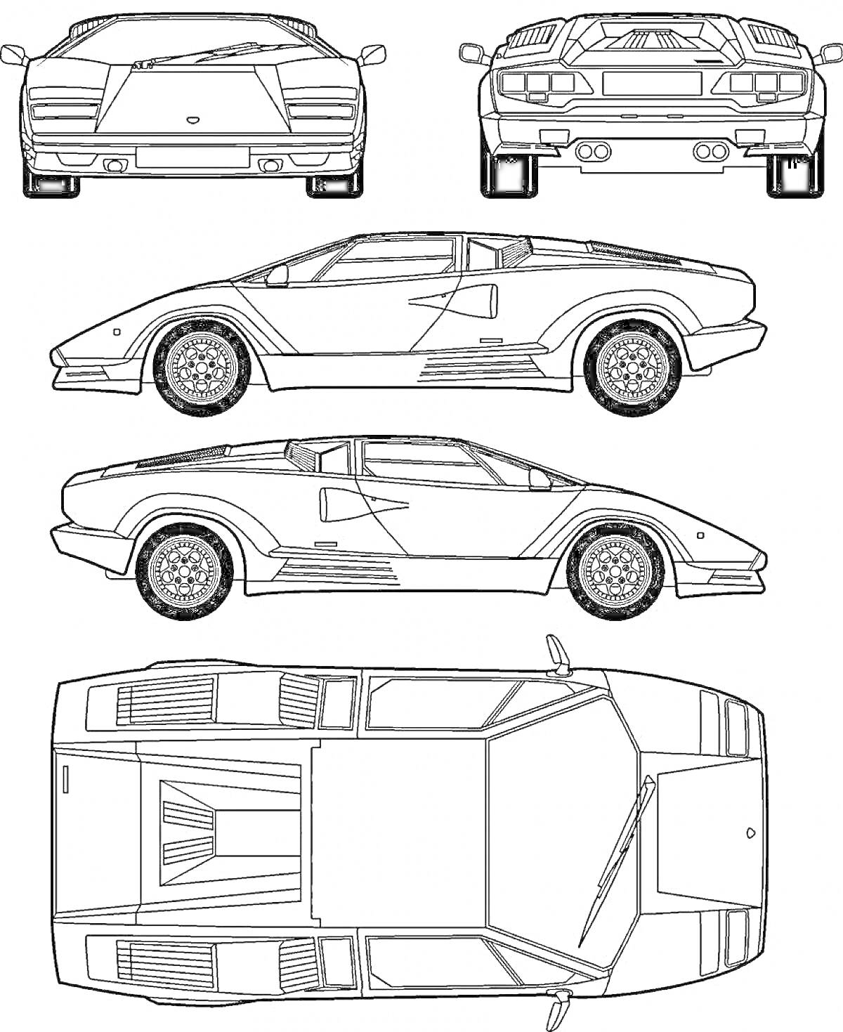 Раскраска Раскраска макета автомобиля с видами спереди, сзади, сбоку слева, сбоку справа и сверху