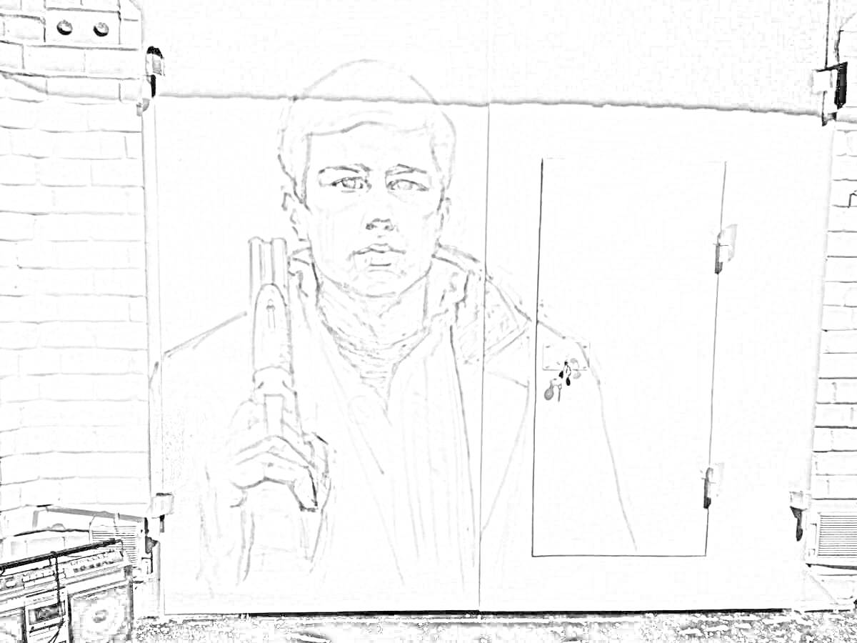 На раскраске изображено: Человек, Оружие, Кирпичная стена, Магнитофон, Граффити
