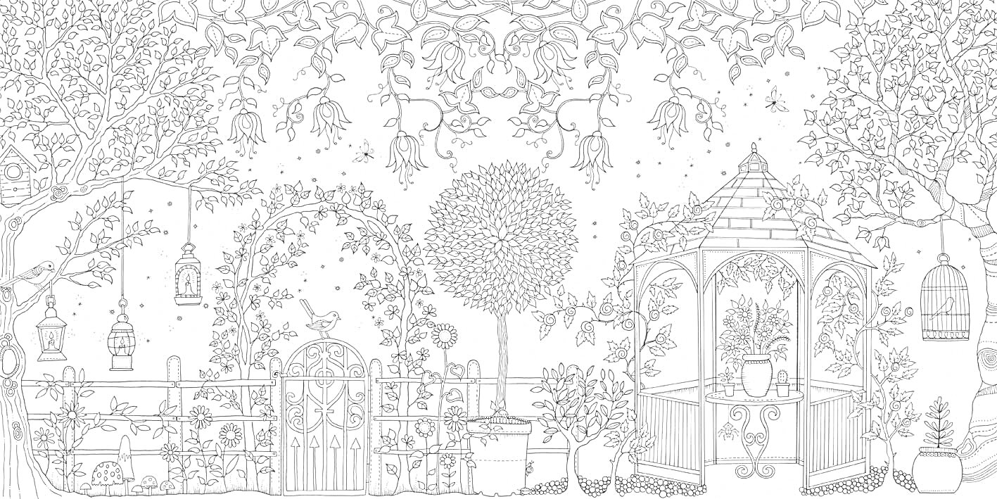 Раскраска Сад с беседкой, фонарями и растительностью