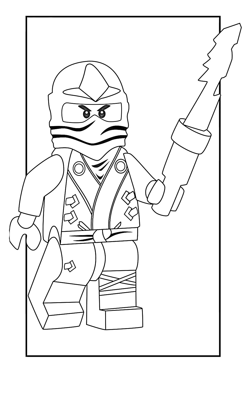 Раскраска Лего Ниндзя Го персонаж с огненным мечом в позе атаки